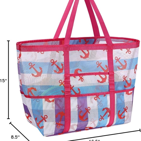 Mesh Beach Bag Tote Bag for Women, Foldable Swim Large Beach Tote Bag with Zippe - Picture 5 of 5